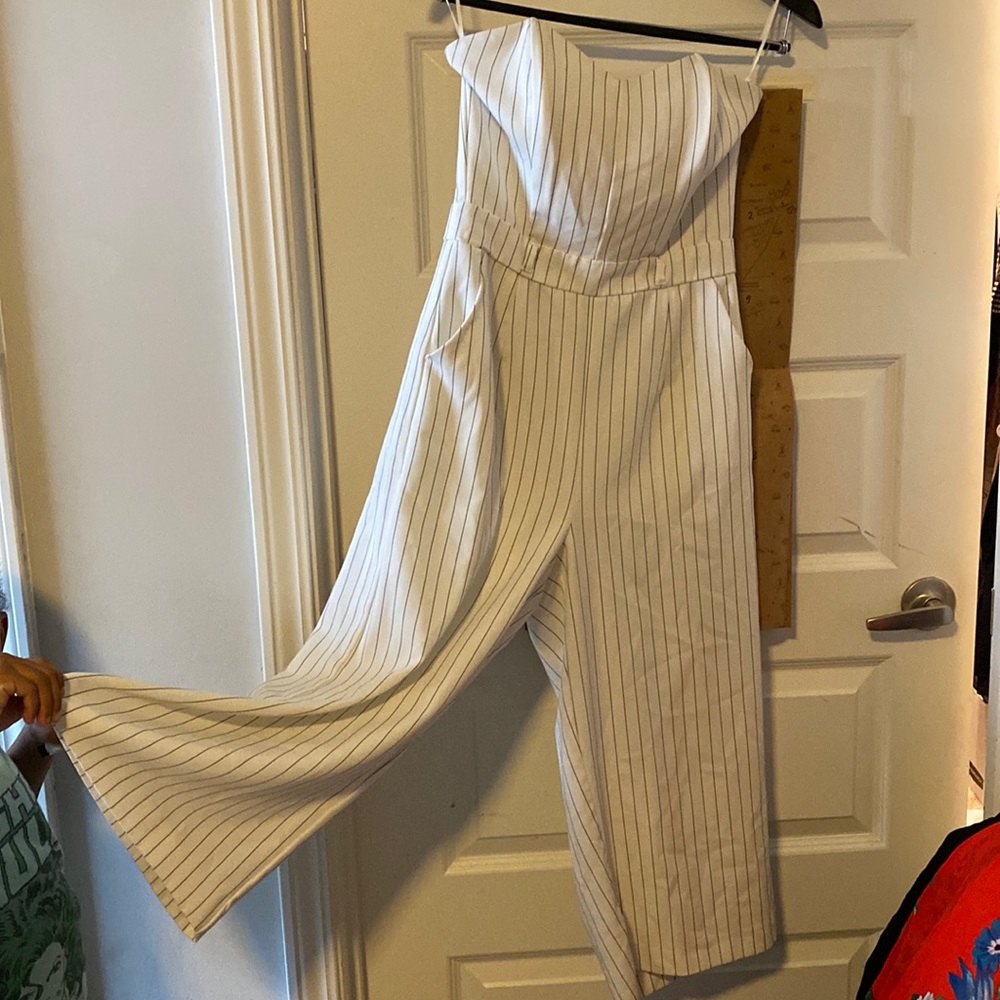 HAVE LOS ANGELES WHITE PINSTRIPE STRAPLESS JUMPSUIT!